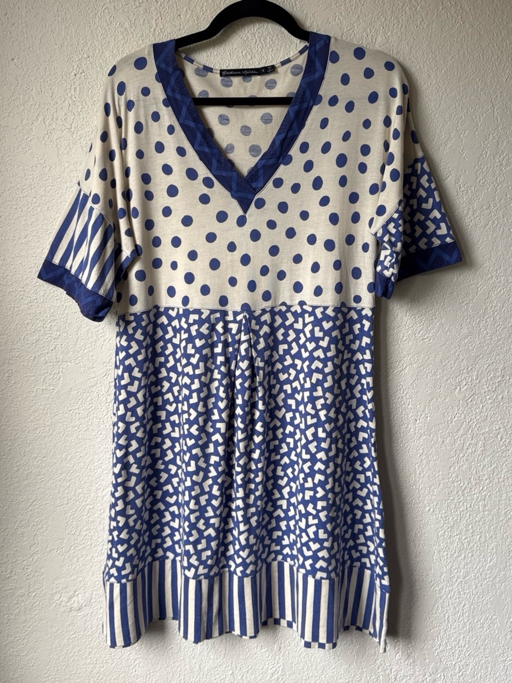 Gudrun Sjöden Blue and White Mixed-Pattern V-Neck Midi Dress